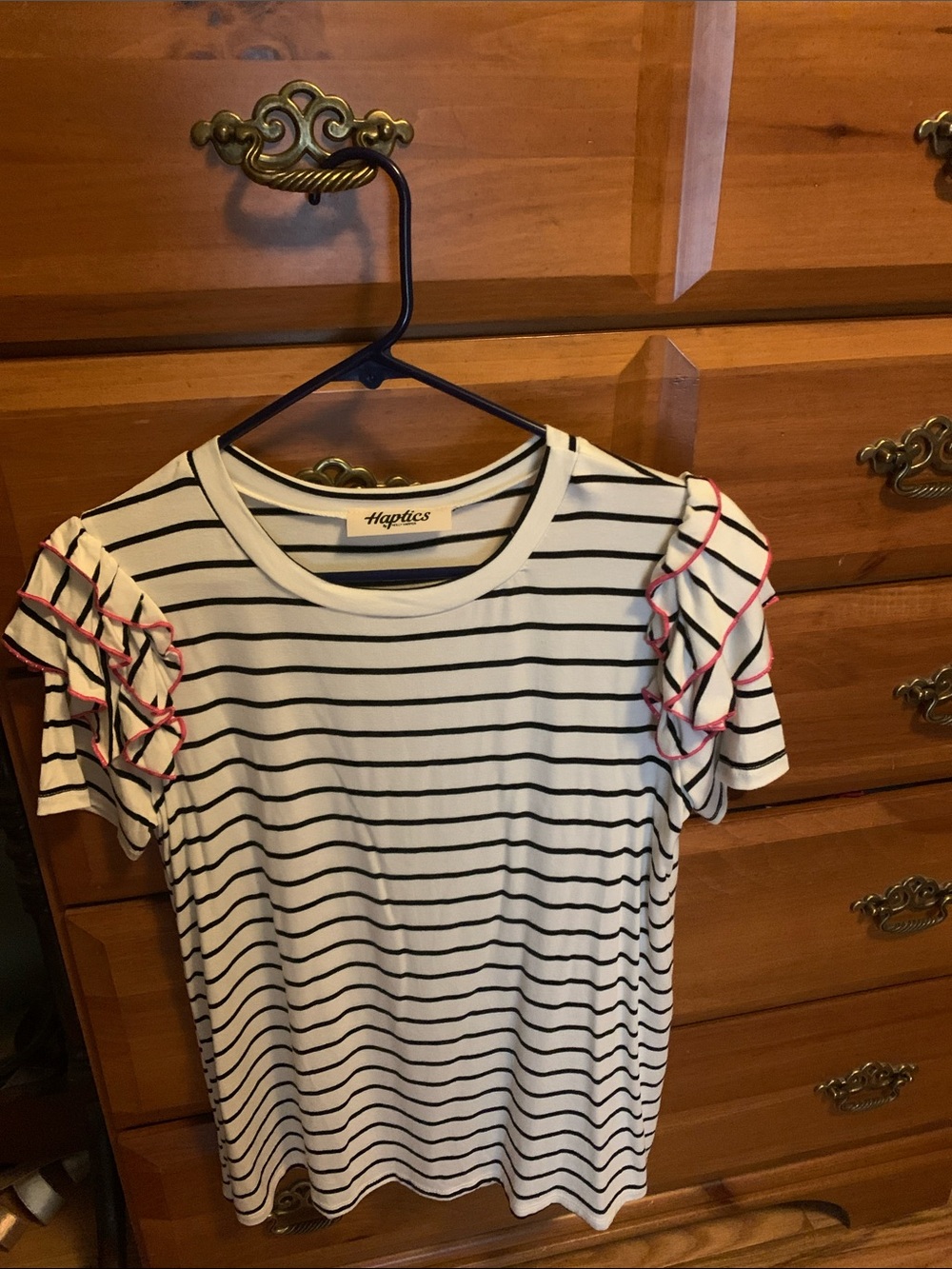 Haptics White & Black Striped Ruffle Sleeve Tee with Pink Trim